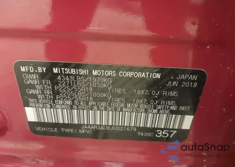 2018 Mitsubishi Outlander Sport 2.0 Es/2.0 Le from USA, damaged, VIN JA4AR3AUXJU021679